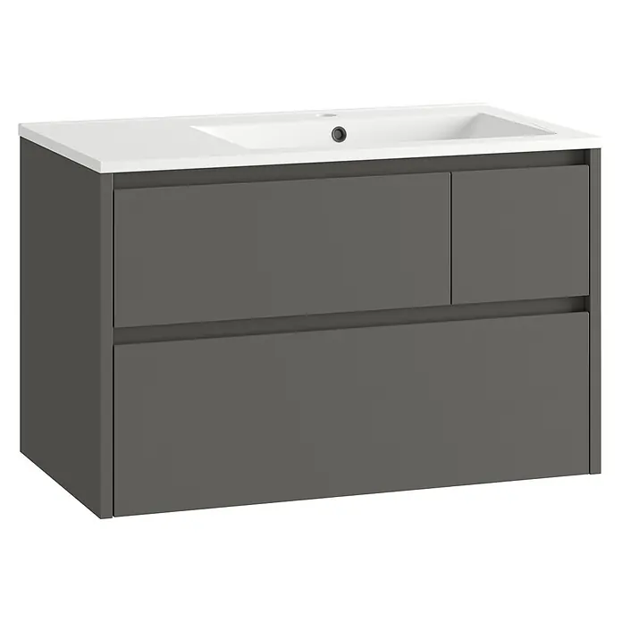 Mueble bajo de lavabo Emma derecha - L x An x Al: 45 x 80 x 50 cm, Gris - Mueble de baño antracita con lavabo blanco integrado y almacenamiento.