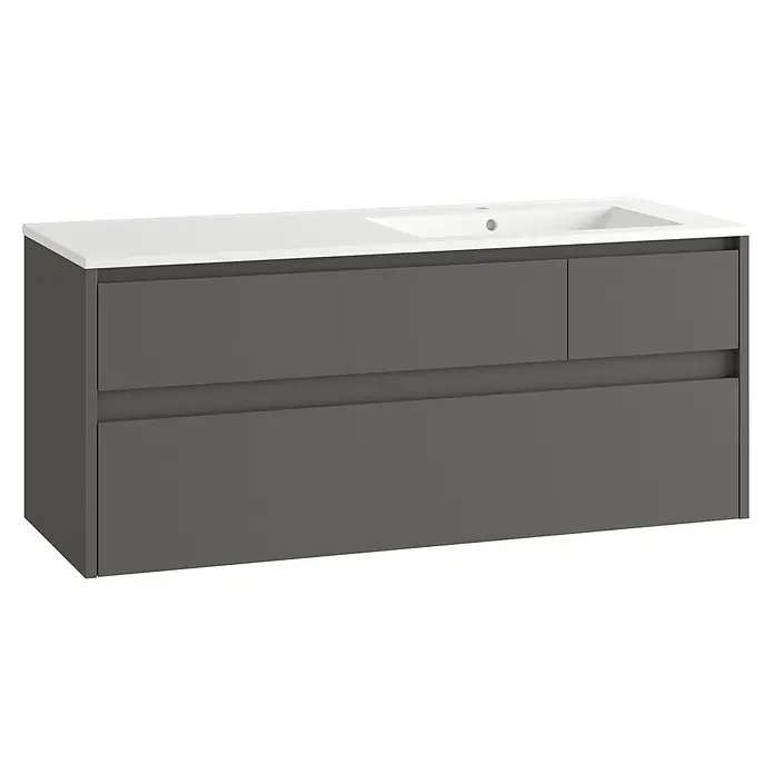 Mueble bajo de lavabo Emma derecha - L x An x Al: 45 x 120 x 50 cm, Gris - Mueble de baño gris oscuro con lavabo blanco integrado y cajones de almacenaje.