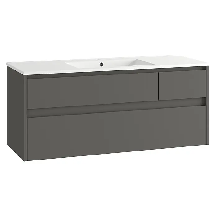 Mueble bajo de lavabo Emma - L x An x Al: 45 x 120 x 50 cm, Gris - Mueble de baño gris moderno con lavabo integrado blanco y tres cajones de almacenamiento.