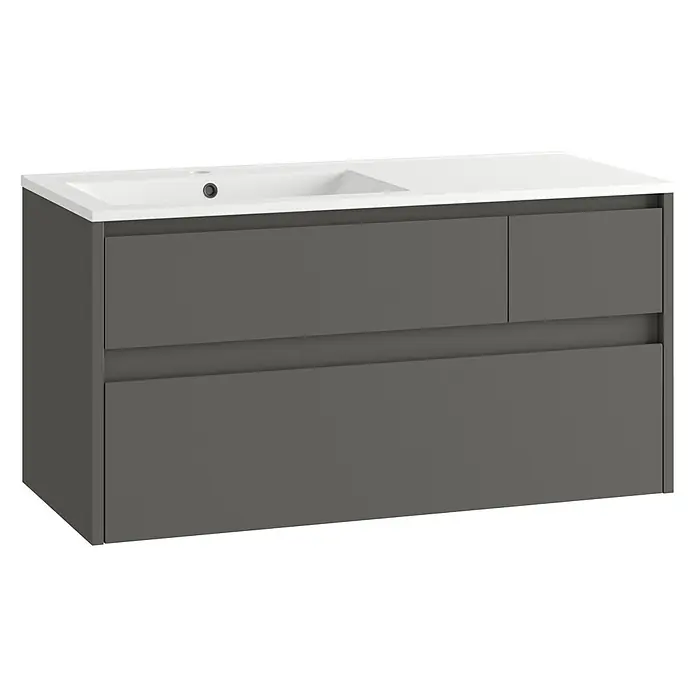 Mueble bajo de lavabo Emma izquierda - L x An x Al: 45 x 100 x 50 cm, Gris - Mueble de baño gris oscuro con lavabo cerámico blanco integrado y cajones sin tiradores.