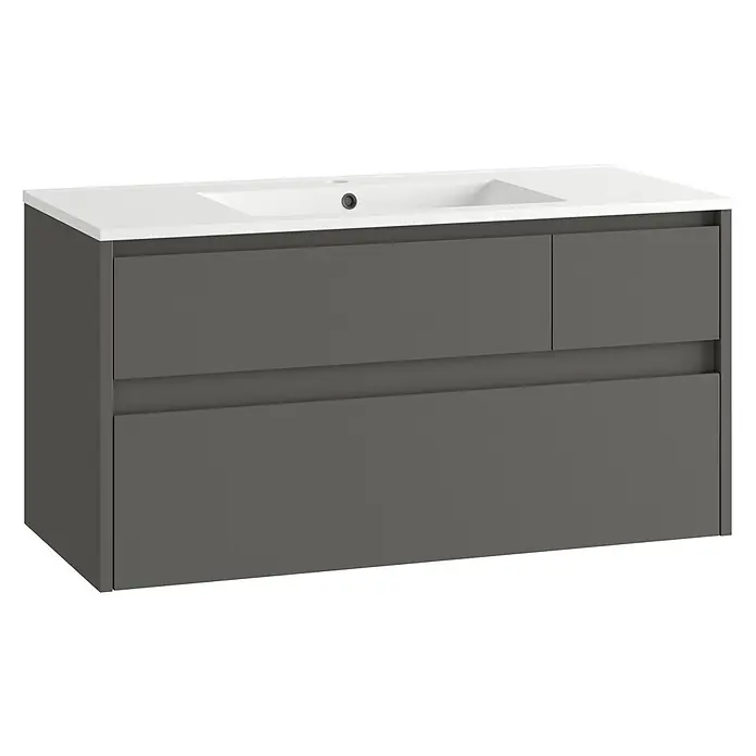 Mueble bajo de lavabo Emma - L x An x Al: 45 x 100 x 50 cm, Gris - Mueble de baño gris oscuro con encimera blanca y lavabo integrado, con dos cajones y una puerta.