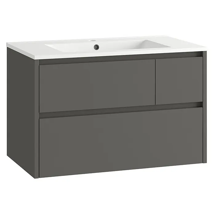 Mueble bajo de lavabo Emma - L x An x Al: 45 x 80 x 50 cm, Gris - Mueble de baño gris oscuro con lavabo blanco integrado. Dispone de dos cajones grandes y un cajón derecho más pequeño.