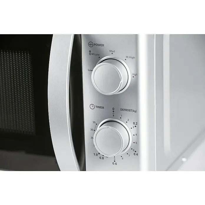 Respekta Einbau-Mikrowelle Palmina MW700 - Max. Leistung: 700 W, 20 l, Silber - Silbernes Mikrowellen-Bedienfeld mit zwei Drehknöpfen für Leistungsstufe, Timer und Auftaueinstellungen.