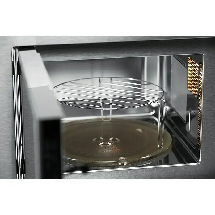 Respekta Einbau-Mikrowelle Nadia MW800 - Max. Leistung: 800 W, 20 l, Silber - Inneres einer Edelstahl-Mikrowelle mit silbernem Grillrost und Glasdrehteller.