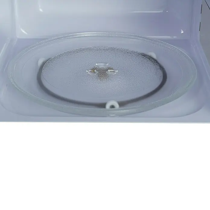 Respekta Einbau-Mikrowelle Palmina MW700 - Max. Leistung: 700 W, 20 l, Silber - Klarer Glasteller einer Mikrowelle in einem weißen Mikrowellenherd.