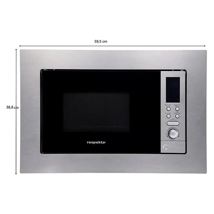 Respekta Einbau-Mikrowelle Nadia MW800 - Max. Leistung: 800 W, 20 l, Silber - Einbau-Mikrowelle mit gebürsteter Edelstahlblende, schwarzer Tür, Digitalanzeige und Drehknopf. Maße: 59,5 x 38,8 cm.