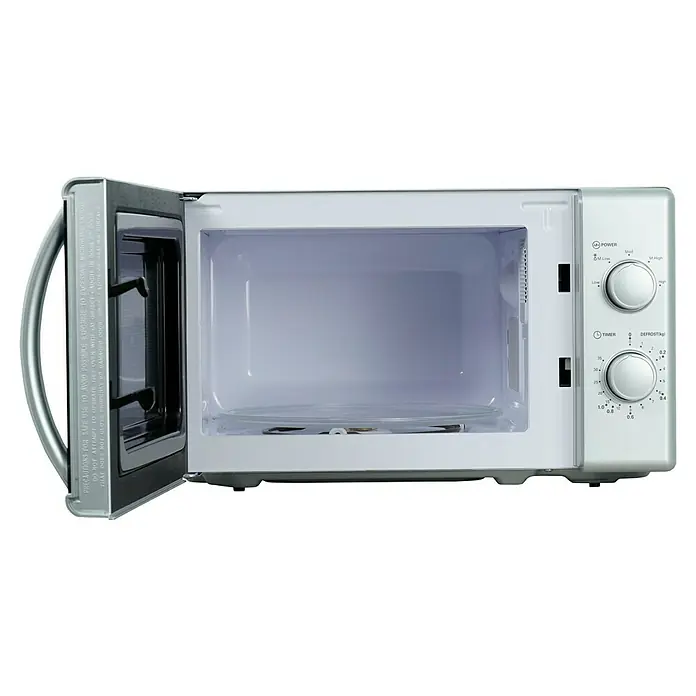 Respekta Einbau-Mikrowelle Palmina MW700 - Max. Leistung: 700 W, 20 l, Silber - Silberne Mikrowelle mit geöffneter Tür, die den leeren weißen Innenraum und das Bedienfeld mit Leistungs- und Zeitschaltern zeigt.