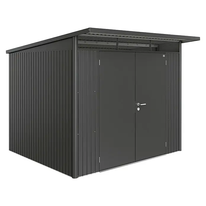 Biohort AvantGarde Gerätehaus A6 - Außenmaß inkl. Dachüberstand (B x T): 260 x 260 cm, Stahl, Dunkelgrau Metallic, Doppeltür - Dunkelgraues Metall-Gartenhaus mit geriffelten Seiten und Doppeltüren.