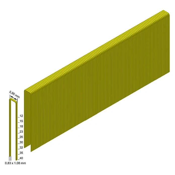 Prebena Heftklammer Typ ES - Länge: 26 mm, Rückenbreite: 6 mm, 2.800 Stk. - Gelbe magazierte U-Klammern für Tacker, mit Maßen und Längenangaben.