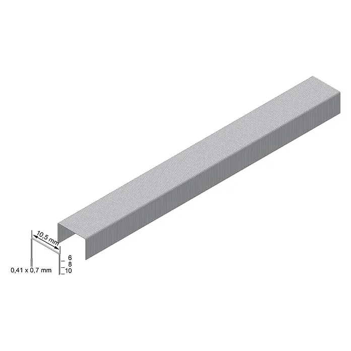 Prebena Heftklammer Typ VZ - Länge: 8 mm, Rückenbreite: 11,3 mm, 2.800 Stk. - Silbergraue Metallheftklammern im Streifen mit Maßen: 10,5 mm Breite, 6-10 mm Schenkellänge, 0,41x0,7 mm Draht.