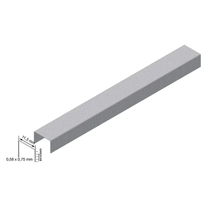 Prebena Heftklammer Typ VX - Länge: 10 mm, Rückenbreite: 11,3 mm, 1.000 Stk. - Graue Metallklammern, 11,3 mm breit, mit 0,58x0,75 mm Draht und Schenkellängen von 6-14 mm dargestellt.
