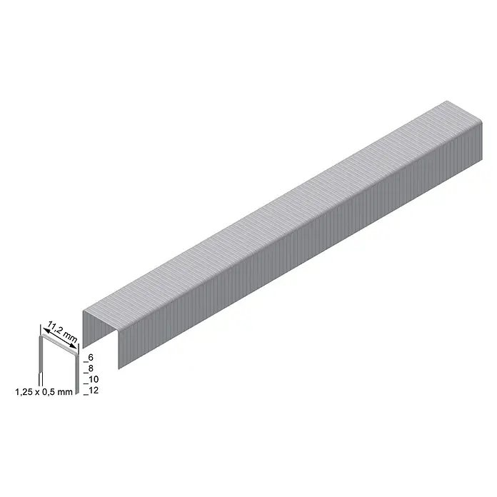 Prebena Heftklammer Typ PB - Länge: 8 mm, Rückenbreite: 11,2 mm, 1.200 Stk. - Silbergraue Heftklammern, eine Klammer zeigt Maße: 11,2 mm Breite, 1,25x0,5 mm Draht, Schenkellängen 6, 8, 10, 12 mm.