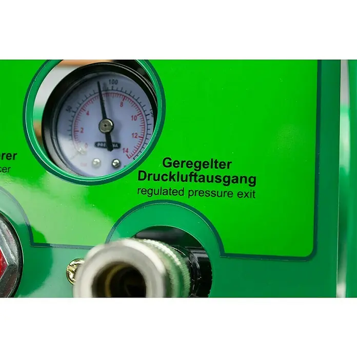 Prebena Kompressor Vitas 45 - Max. Druck: 10 bar, 250 W, 4 l - Grünes Bedienfeld mit Druckmanometer (bis 100 Einheiten) und geregeltem Druckluftauslassanschluss.