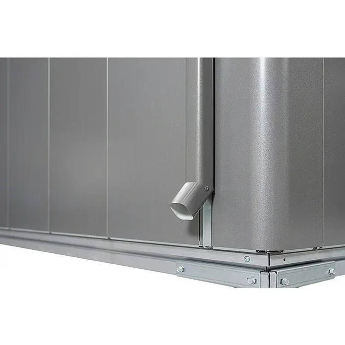 Biohort Neo Gerätehaus 2B - Außenbreite inkl. Dachüberstand: 236 cm, Außentiefe inkl. Dachüberstand: 236 cm, Stahl, Dunkelgrau Metallic, Einzeltür - Grauer Metallschuppen-Ecke mit integriertem Fallrohr und verzinktem Untergestell.