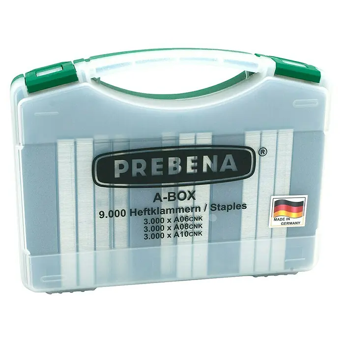 Prebena Heftklammer A-Box - Länge: 10 mm, Rückenbreite: 12,8 mm, 9.000 Stk. - PREBENA A-BOX, transparenter Kunststoffkoffer mit grünem Griff, enthält 9.000 Klammern.