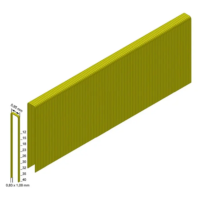 Prebena Heftklammer ES-Box - Länge: 40 mm, Rückenbreite: 5,95 mm, 6.000 Stk. - Gelber Streifen U-förmiger Heftklammern mit 5,95mm Rückenbreite und 0,83x1,08mm Drahtstärke, zeigt verfügbare Schenkellängen.