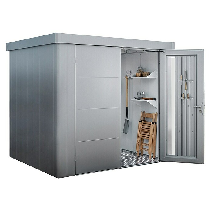 Biohort Neo Gerätehaus 4D (Außenbreite inkl. Dachüberstand: 348 cm, Außentiefe inkl. Dachüberstand: 348 cm, Stahl, Silber-Metallic, Doppeltür) | BAUHAUS