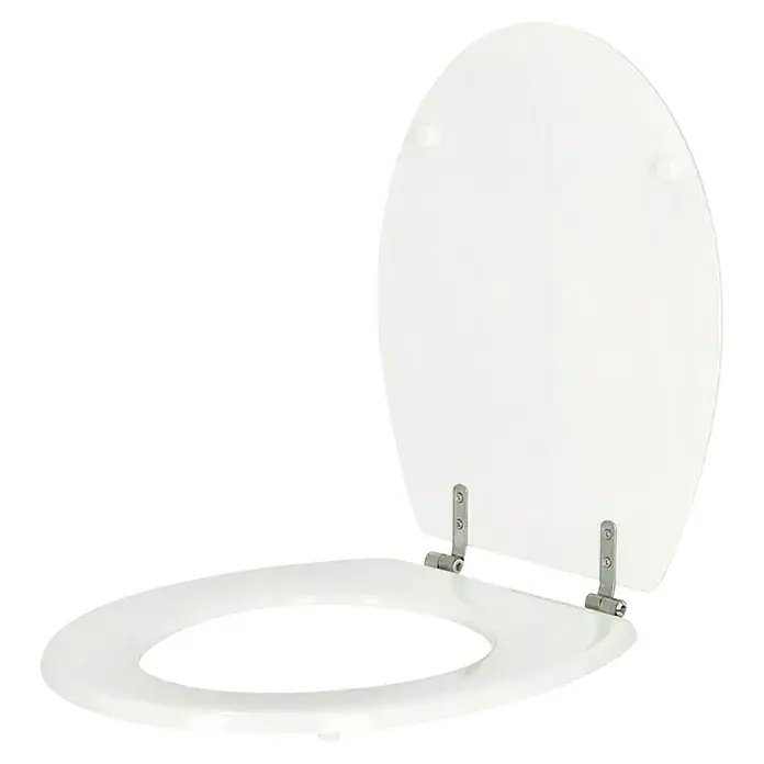 Poseidon WC-Sitz Argos - MDF, Weiß, Ohne Absenkautomatik - Weißer Toilettensitz mit geöffnetem Deckel, zeigt Sitz und Metallscharniere.