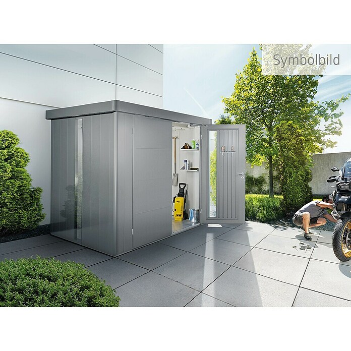 Biohort Neo Gerätehaus 1C (Außenbreite inkl. Dachüberstand: 292 cm, Außentiefe inkl. Dachüberstand: 180 cm, Stahl, Quarzgrau-Metallic, Doppeltür) | BAUHAUS