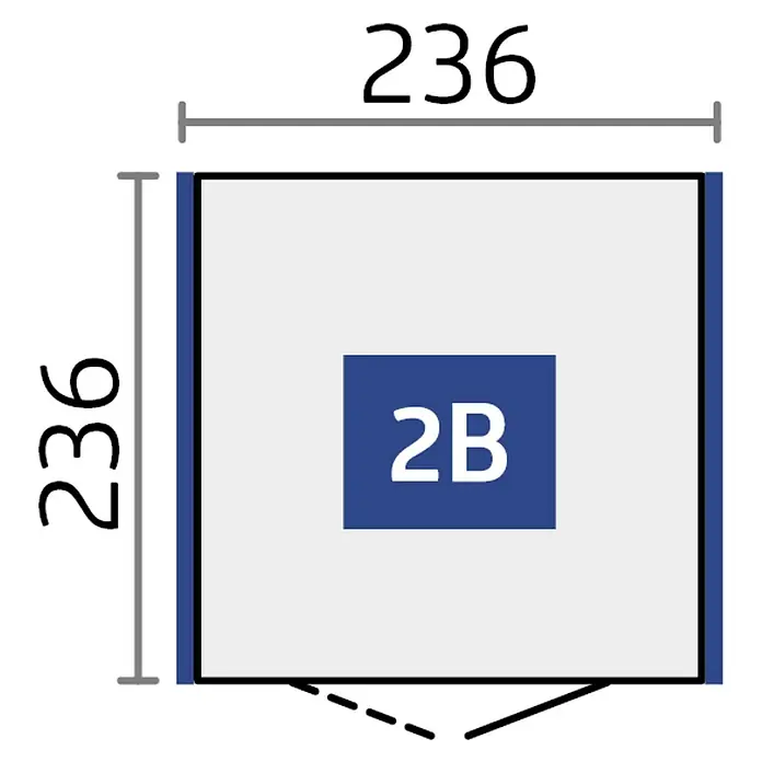 Biohort Neo Gerätehaus 2B - Außenbreite inkl. Dachüberstand: 236 cm, Außentiefe inkl. Dachüberstand: 236 cm, Stahl, Dunkelgrau Metallic, Einzeltür - Weißes Quadrat-Element, 236x236, mit blauen Akzenten und '2B'-Beschriftung.
