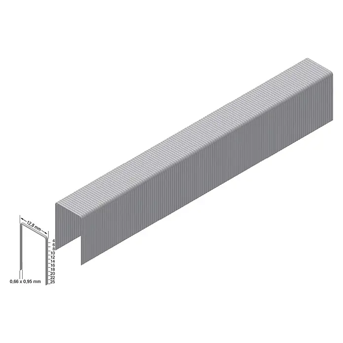 Prebena Heftklammer Typ A - Länge: 10 mm, Rückenbreite: 12,8 mm, 800 Stk. - Silberne Heftklammern mit Maßen: 12,8 mm Länge, 0,66 x 0,95 mm Dicke, verschiedene Schenkellängen (4-25 mm).