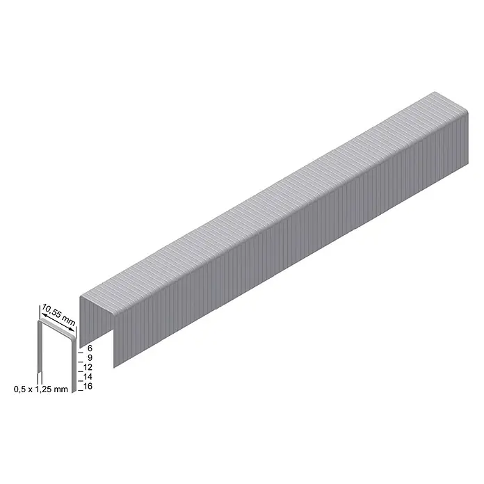 Prebena Heftklammer Typ PF - Länge: 6 mm, Rückenbreite: 10,6 mm, 1.200 Stk. - Silber-graue Metallheftklammern, ein Streifen mit einer abgelösten Klammer, die Maße zeigt: 10,55 mm Breite, 0,5x1,25 mm Draht, Schenkellängen 6-16 mm.