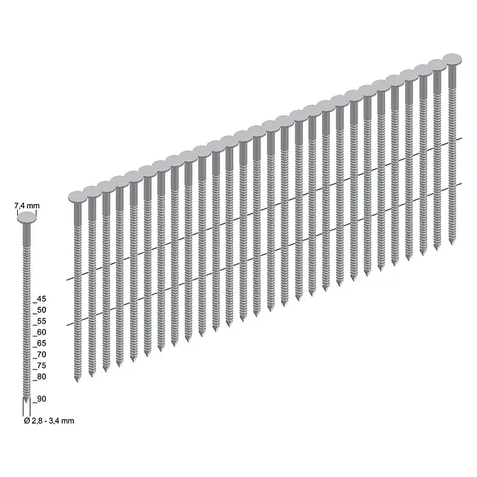 Prebena Coilnagel Typ CNW Blank Ringschaft - Länge: 80 mm, 3.600 Stk. - Kollierte Graumetallnägel, 45-90mm lang, 2.8-3.4mm Durchmesser, 7.4mm Kopf, für Nagelgeräte.