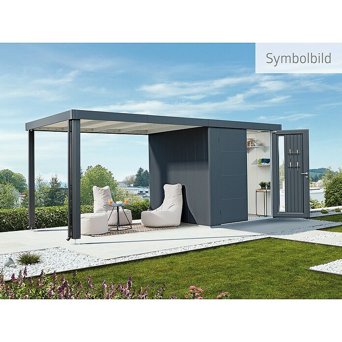 Biohort Neo Gerätehaus 1C (Außenbreite inkl. Dachüberstand: 292 cm, Außentiefe inkl. Dachüberstand: 180 cm, Stahl, Dunkelgrau-Metallic, Doppeltür) | BAUHAUS