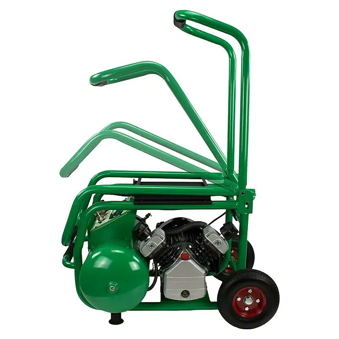 Prebena Kompressor Warrior 435 - Max. Druck: 8 bar, 2.200 W, 25 l - Grüner, tragbarer Luftkompressor mit klappbarem Griff, Motorblock, zylindrischem Tank und Rädern.