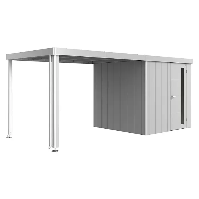 Biohort Neo Seitendach - Passend für: Biohort Gerätehaus Neo 2A/2B/2C/2D, Silber Metallic, 300 x 235 cm - Hellgrauer Metall-Carport mit integriertem Geräteschuppen und Tür, bietet Fahrzeugunterstand und sicheren Stauraum.