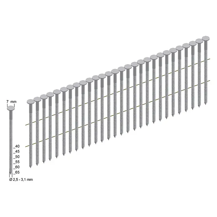 Prebena Coilnagel Typ CNW Verzinkt Ringschaft - Länge: 65 mm, 6.000 Stk. - Silberne bandagierte Nägel in verschiedenen Längen (40-65mm) und Durchmessern (2,5-3,1mm) mit 7mm Köpfen.