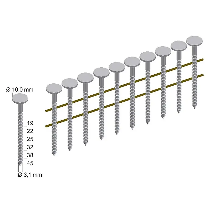 Prebena Dachpappnagel Typ CNZ verzinkt - Länge: 45 mm, 7.200 Stk. - Graue, magazinierten Nägel mit 10 mm Kopf und 3,1 mm Schaft in Längen von 19-45 mm.
