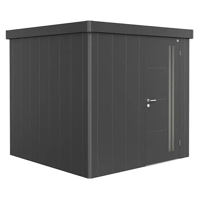 Biohort Neo Gerätehaus 2B - Außenbreite inkl. Dachüberstand: 236 cm, Außentiefe inkl. Dachüberstand: 236 cm, Stahl, Dunkelgrau Metallic, Einzeltür - Moderner, dunkelgrauer Geräteschuppen mit vertikalen Paneelen und einer Tür mit Griff, Schloss und schmalem Fenster.