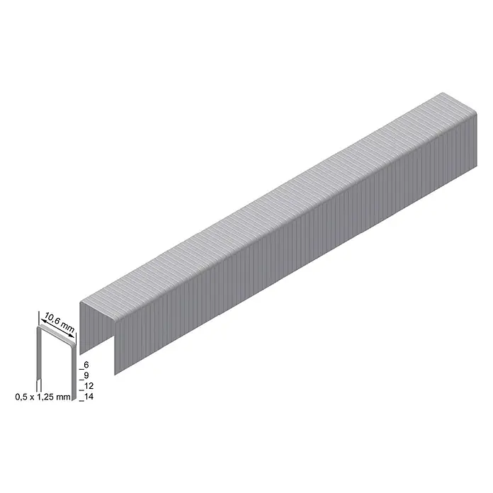 Prebena Heftklammer Typ PF - Länge: 14 mm, Rückenbreite: 10,6 mm, 600 Stk. - Grauer Heftklammerstreifen mit abgelöster U-förmiger Klammer, Maße: 10,6mm Breite, 0,5x1,25mm Draht, Beinlängen 6-14mm.