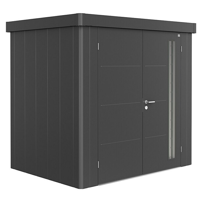 Biohort Neo Gerätehaus 1B (Außenbreite inkl. Dachüberstand: 236 cm, Außentiefe inkl. Dachüberstand: 180 cm, Stahl, Dunkelgrau Metallic, Doppeltür) | BAUHAUS