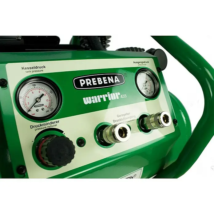 Prebena Kompressor Warrior 435 - Max. Druck: 8 bar, 2.200 W, 25 l - Grün-weißer PREBENA Warrior 435 Kompressor mit Druckanzeigen, Druckminderer und Schnellkupplungsanschlüssen.