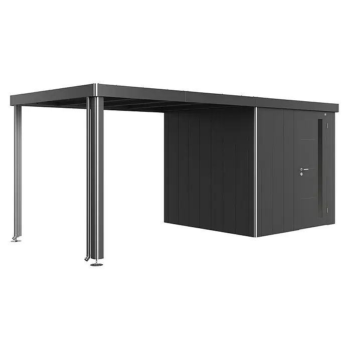 Biohort Neo Seitendach - Passend für: Biohort Gerätehaus Neo 2A/2B/2C/2D, Dunkelgrau Metallic, 300 x 235 cm - Dunkelgrauer Carport mit silbernen Stützpfosten und integriertem Abstellraum.