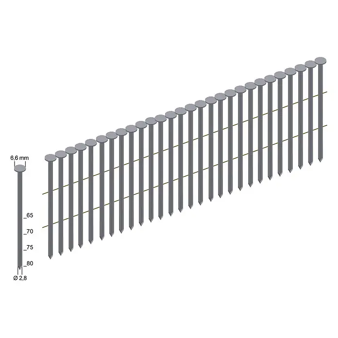 Prebena Coilnagel Typ CNW Blank Ringschaft - Länge: 65 mm, 6.000 Stk. - Graue magazinierte Nägel in einem Streifen, mit 6,6mm Kopf, 2,8mm Schaft und Längen von 65 bis 80mm.
