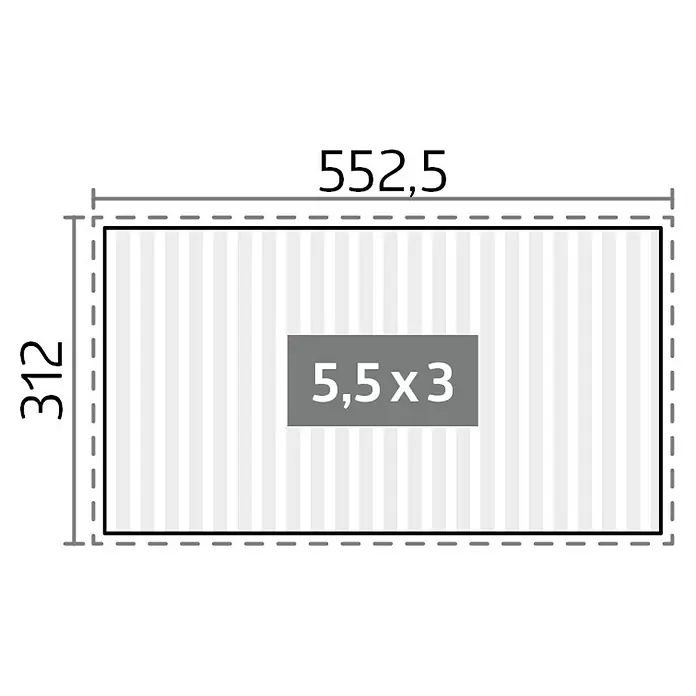 Biohort Lamellenpavillon - B x T: 552,5 x 312 cm, Quarzgrau Metallic/Weiß, Material Gestell: Stahl - Diagramm einer rechteckigen Platte mit Außenmaßen 552,5 x 312 und einem inneren Bereich von 5,5 x 3.