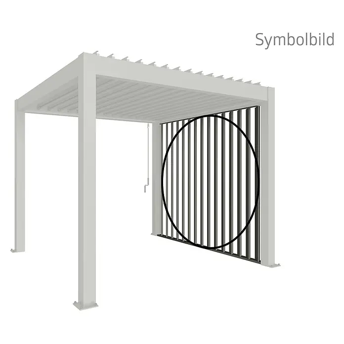 Biohort Seitenwand - Passend für Biohort Lamellenpavillon 2,5 m, Quarzgrau Metallic - Weiße Pergola mit dunkelgrauer Lamellen-Seitenwand und Handkurbelsteuerung.