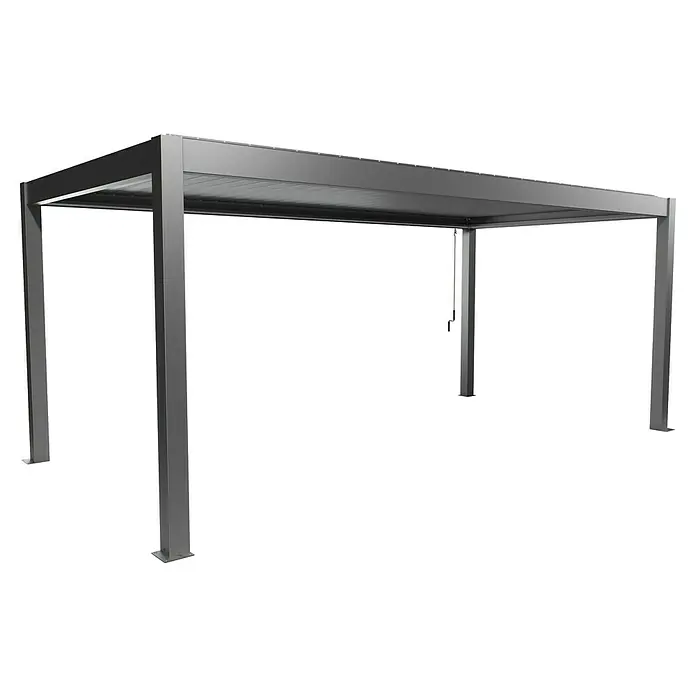 Biohort Lamellenpavillon - B x T: 608 x 312 cm, Quarzgrau Metallic, Material Gestell: Stahl - Moderne graue Metall-Pergola mit flachem Lamellendach und vier Stützpfosten, mit manuellem Zugkettenmechanismus.