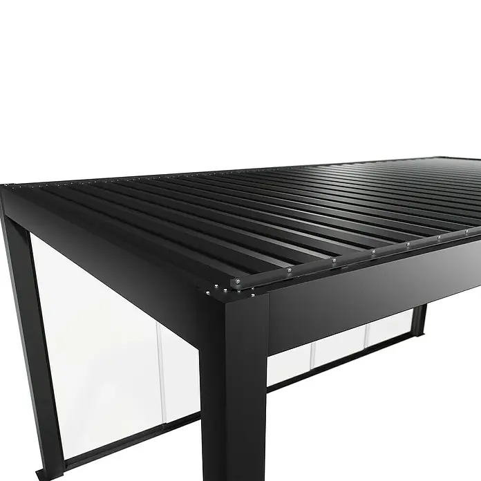 Biohort Pergola Schiebewand aus Glas - Passend für Biohort Pergola Lamellenpavillon Gr. 5,5, Dunkelgrau Metallic - Robuste schwarze Metallpergola mit Lamellendach und transparenten Seitenwänden.