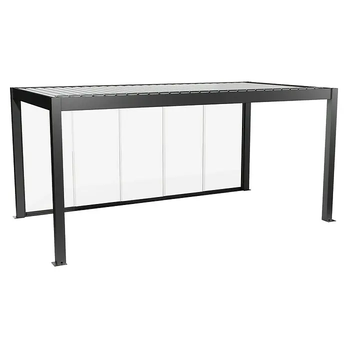 Biohort Pergola Schiebewand aus Glas - Passend für Biohort Pergola Lamellenpavillon Gr. 5,5, Dunkelgrau Metallic - Moderne dunkelgraue Metallpergola mit Lamellendach und Glasseitenwänden.
