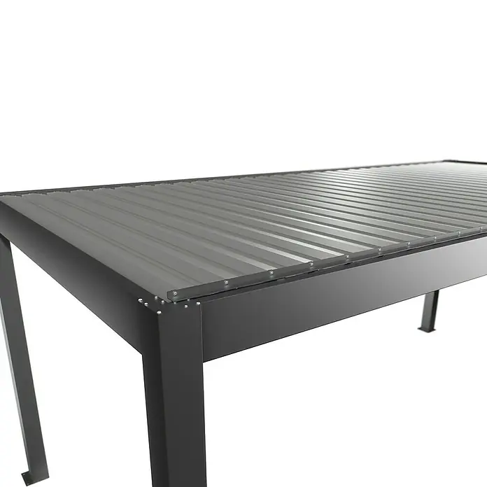 Biohort Lamellenpavillon - B x T: 608 x 312 cm, Quarzgrau/Silber Metallic, Material Gestell: Stahl - Dunkelgraue Pergola mit schrägem, geriffeltem grauen Metalldach für den Außeneinsatz.