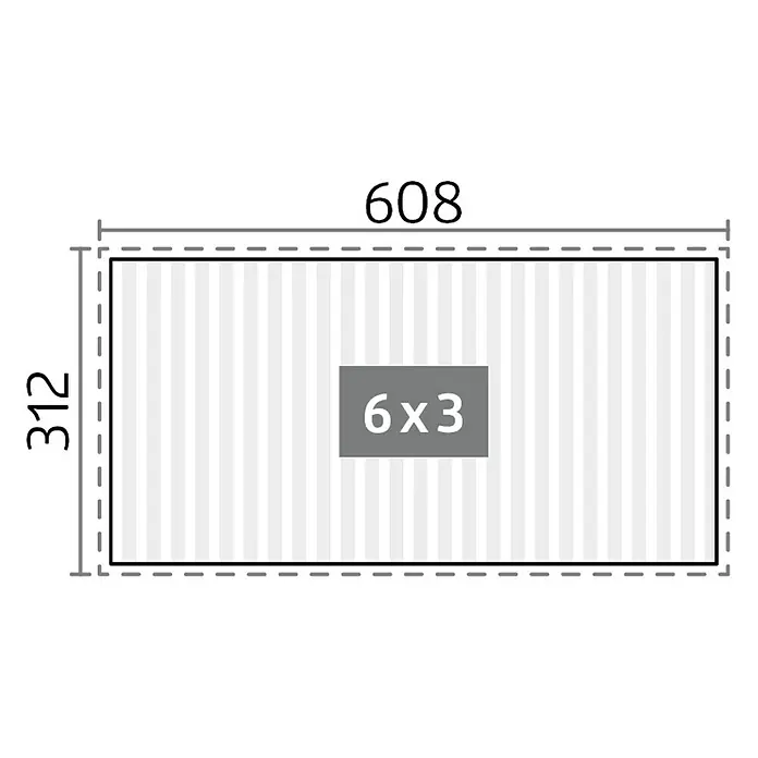 Biohort Lamellenpavillon - B x T: 608 x 312 cm, Weiß/Silber Metallic, Material Gestell: Stahl - Diagramm eines Rechtecks mit Abmessungen 608x312, das ein kleineres inneres Rechteck '6x3' enthält.