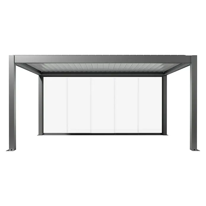 Biohort Pergola Schiebewand aus Glas - Passend für Biohort Pergola Lamellenpavillon Gr. 5, Quarzgrau Metallic - Moderne graue Metall-Pergola mit weißem Lamellendach.