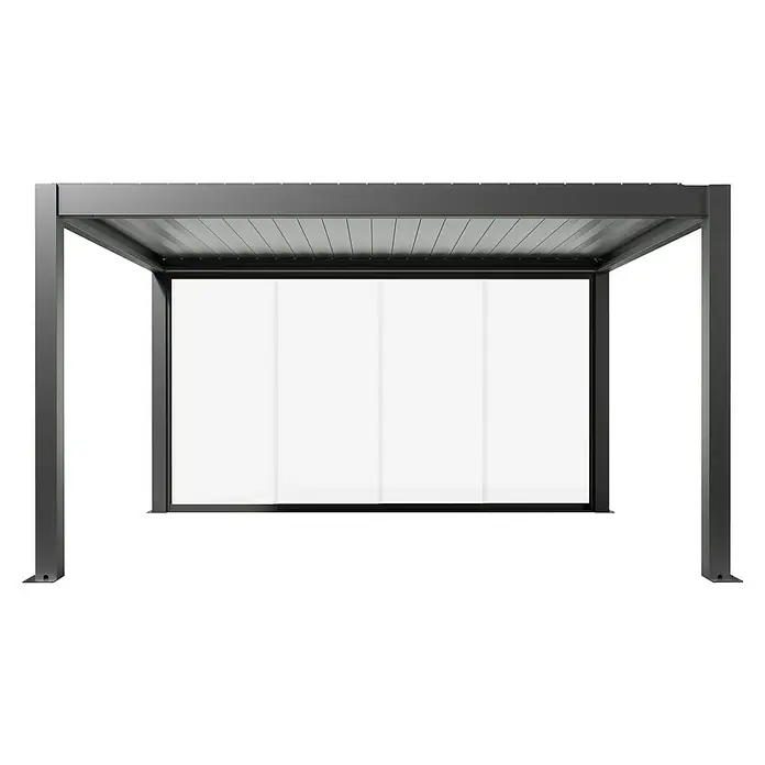 Biohort Pergola Schiebewand aus Glas - Passend für Biohort Pergola Lamellenpavillon Gr. 4,5, Dunkelgrau Metallic - Dunkelgraue Metallpergola mit Lamellendach und weißen Paneelen.