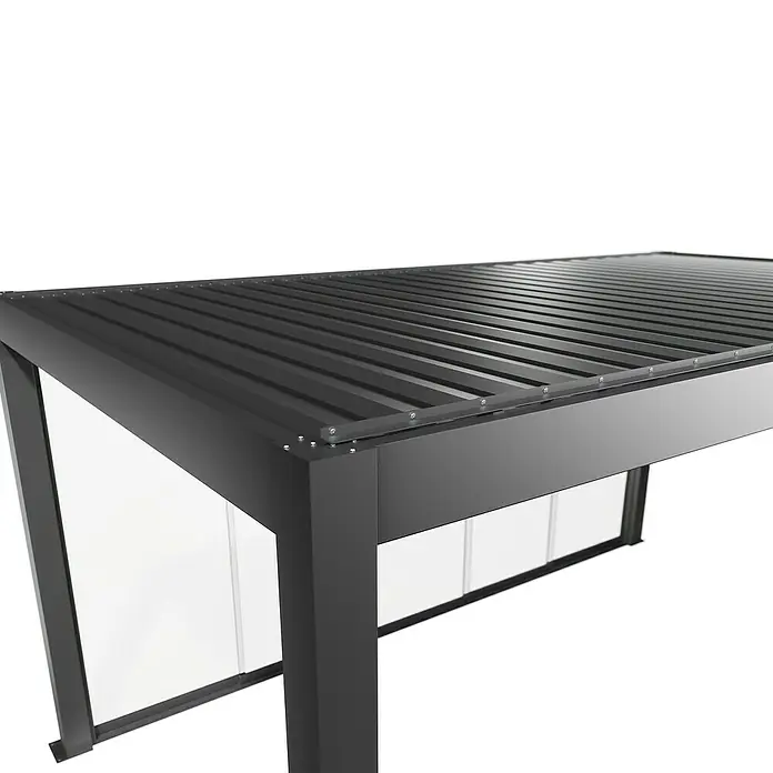 Biohort Pergola Schiebewand aus Glas - Passend für Biohort Pergola Lamellenpavillon Gr. 5, Quarzgrau Metallic - Dunkelgraue moderne Pergola mit Lamellendach und transparenten Seitenwänden.