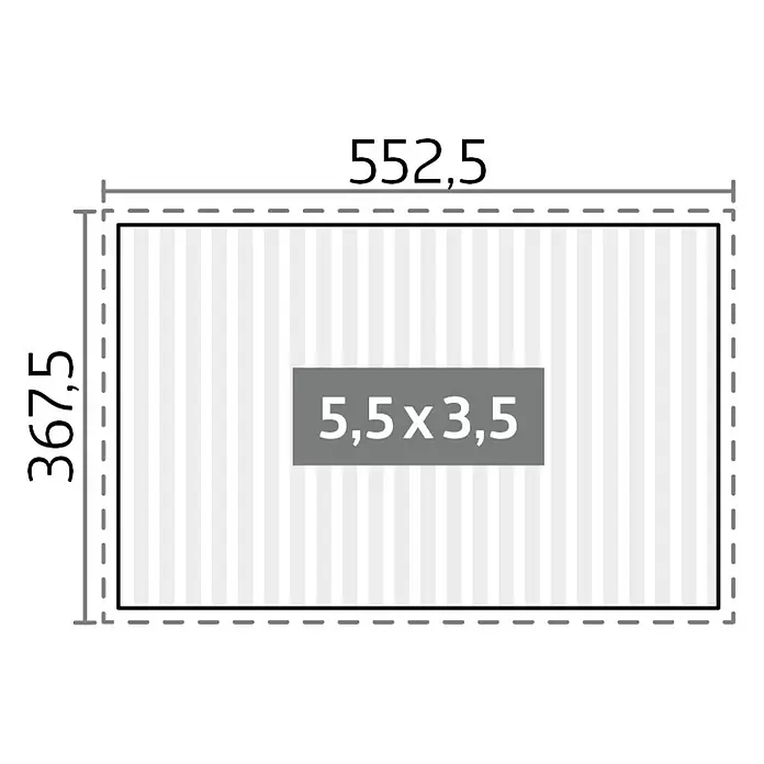 Biohort Lamellenpavillon - B x T: 522,5 x 367,5 cm, Quarzgrau/Silber Metallic, Material Gestell: Stahl - Diagramm eines rechteckigen Bereichs mit Außenmaßen 552,5 x 367,5 und einem inneren Rechteck von 5,5 x 3,5.