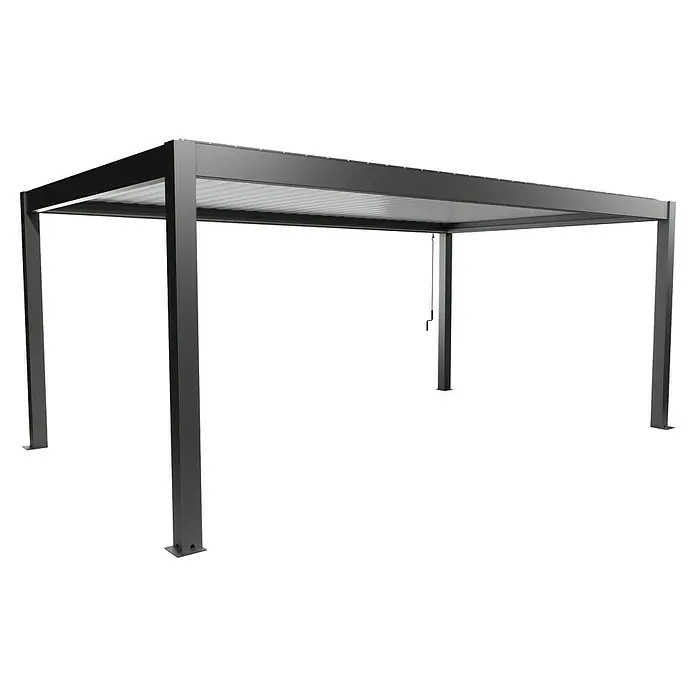 Biohort Lamellenpavillon - B x T: 608 x 367,5 cm, Dunkelgrau Metallic/Weiß, Material Gestell: Stahl - Dunkelgraue Metall-Pergola mit Wellblechdach, gestützt von vier Pfosten.